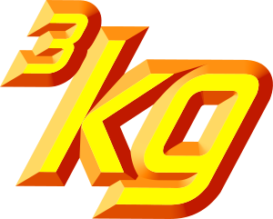 3kg's colourful yellow, orange, an red logo